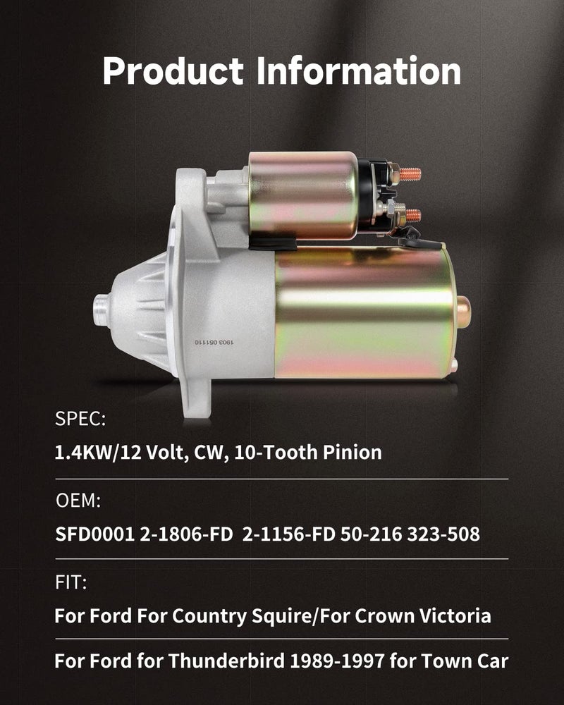 OCPTY Starter Fit for Ford Bronco 1992 1993 1994 1995 1996 5.0L 5.8L Country Squire/Crown Victoria 1990 1991 5.0L E-Series Vans 1992-1996 4.9L 5.0L 5.8L F-Series Pickups 1997 1998 4.2L Mustang - Image 3